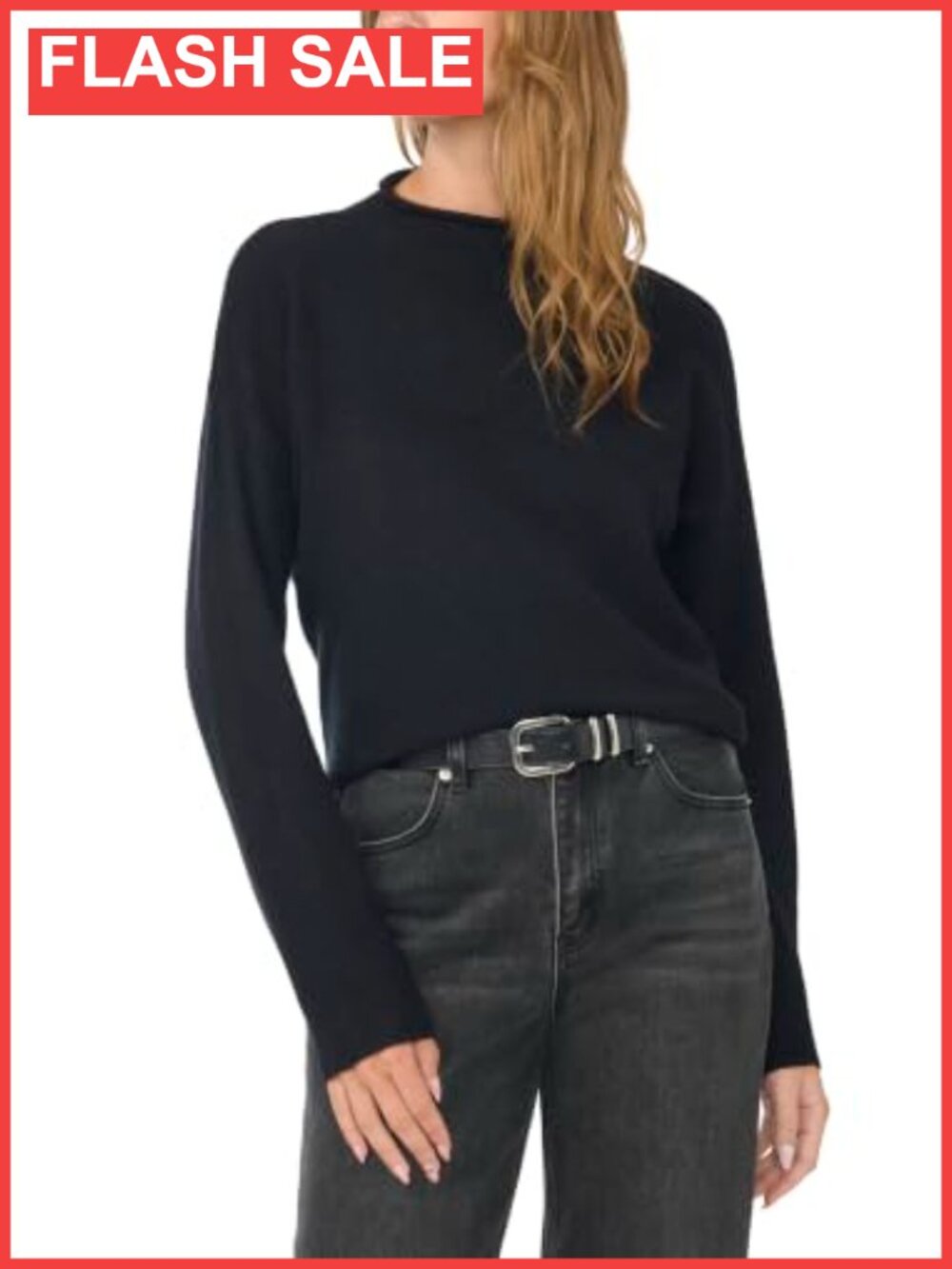Mock Neck Long Sleeve Sweater Rolled Hem Cotton Acrylic